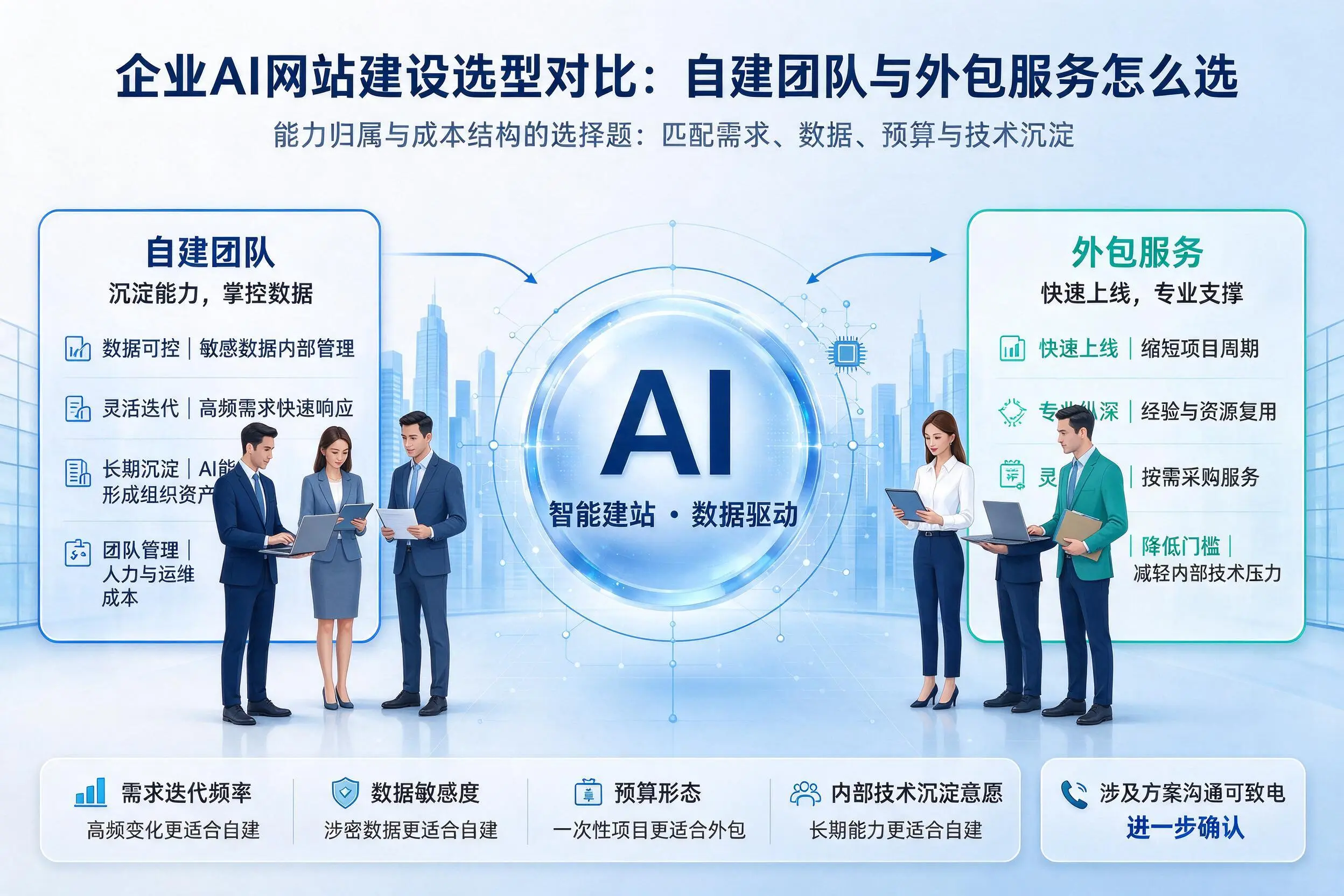 内江企业AI网站建设选型对比：自建团队与外包服务怎么选